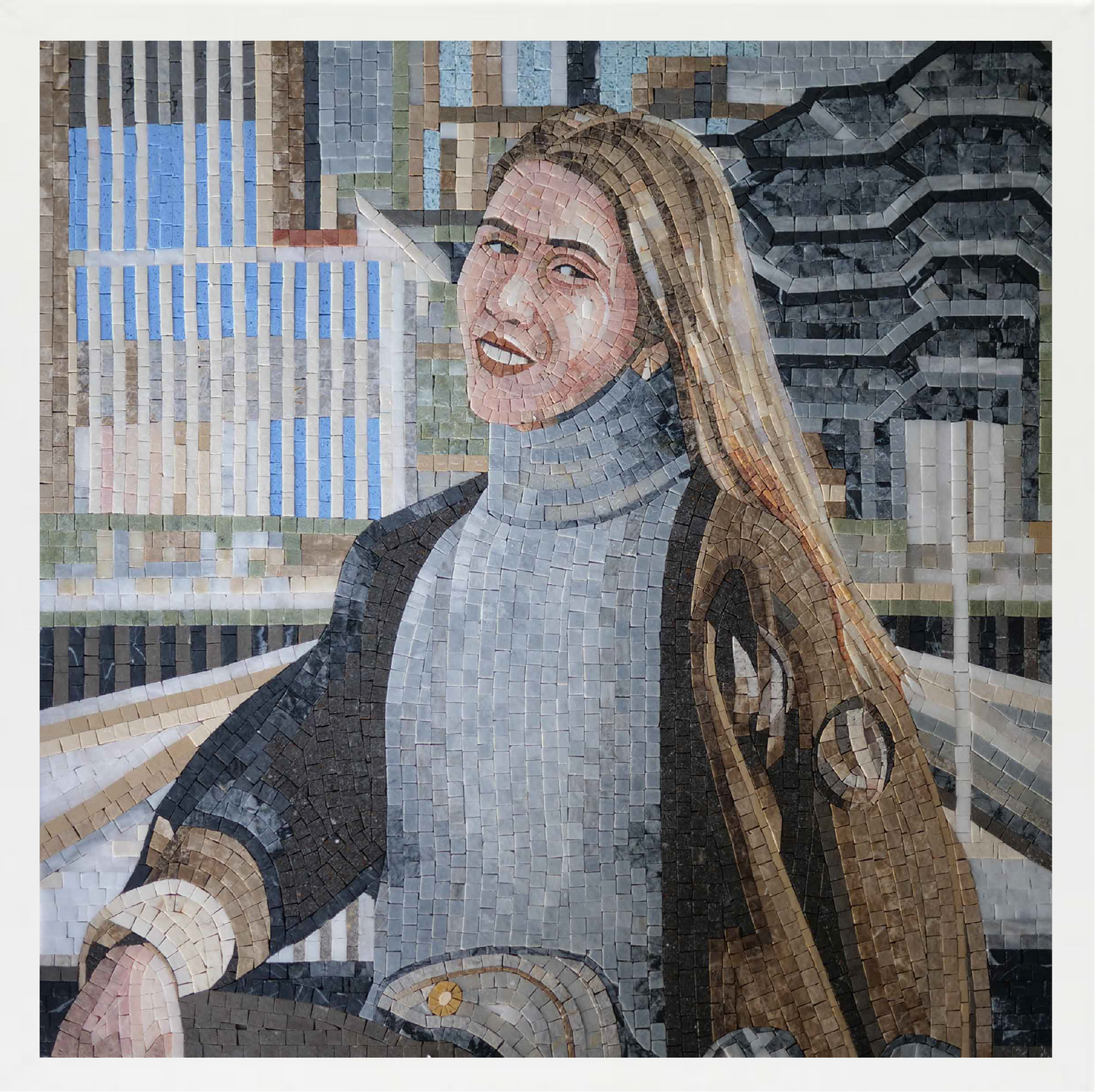 lady in a turtle neck mosaic portrait